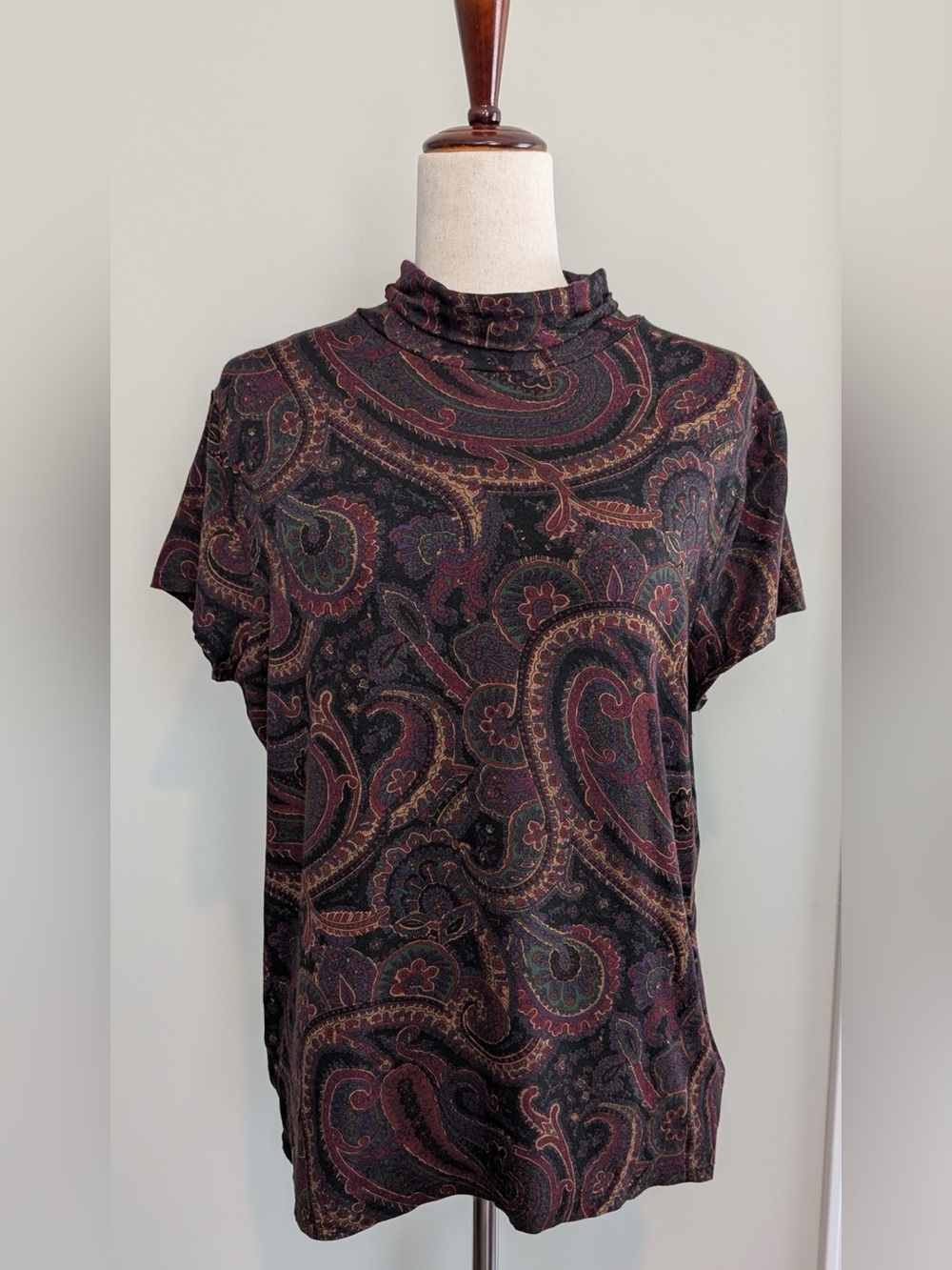 Ralph Lauren Women’s Paisley Short Sleeve Mock Neck 90s Inspired Top Size XL